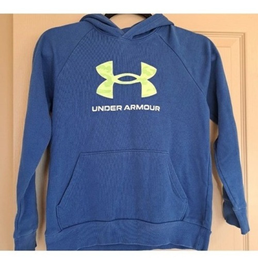 Under Armour Boys Blue Rival Fleece Hoodie Lime Green Camo Logo Youth Medium